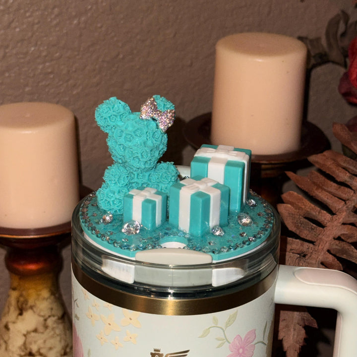 Fancy Teal White Rose Bear and Gift Boxes Rhinestone Tumbler Topper fits Stanley Lids