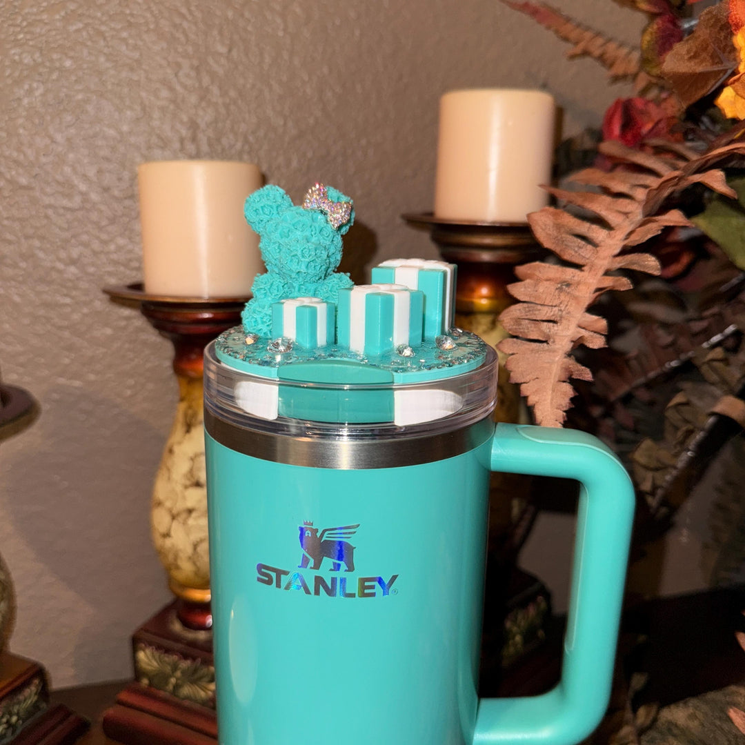 Fancy Teal White Rose Bear and Gift Boxes Rhinestone Tumbler Topper fits Stanley Lids
