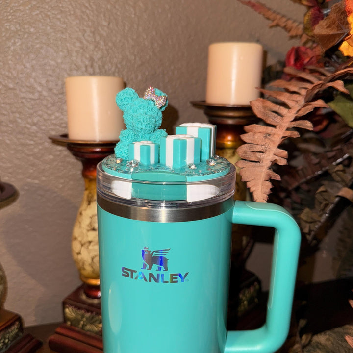 Fancy Teal White Rose Bear and Gift Boxes Rhinestone Tumbler Topper fits Stanley Lids