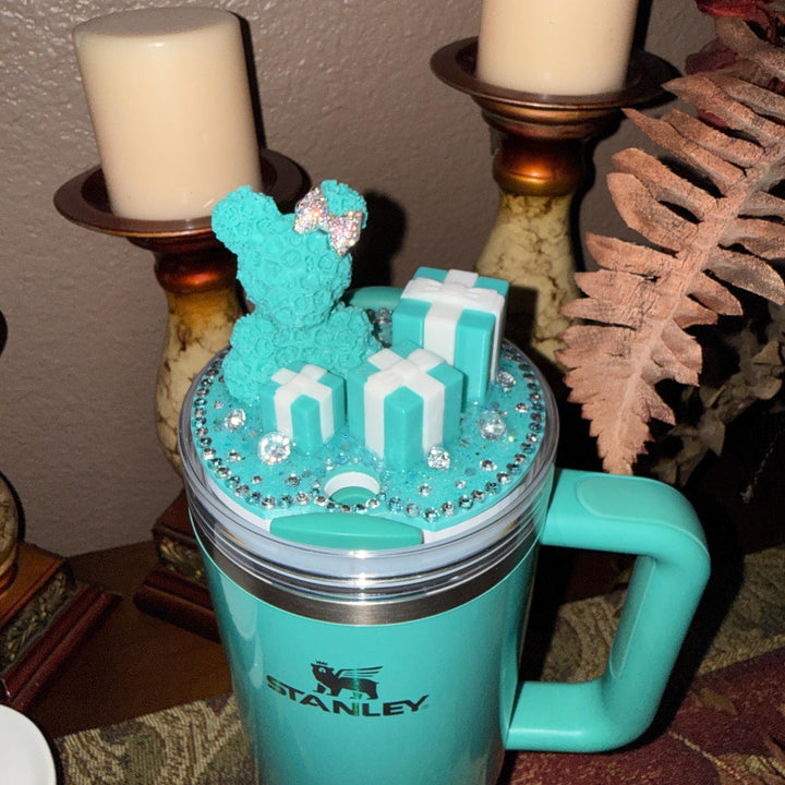 Fancy Teal White Rose Bear and Gift Boxes Rhinestone Tumbler Topper fits Stanley Lids