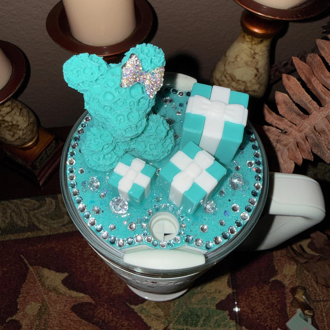 Fancy Teal White Rose Bear and Gift Boxes Rhinestone Tumbler Topper fits Stanley Lids