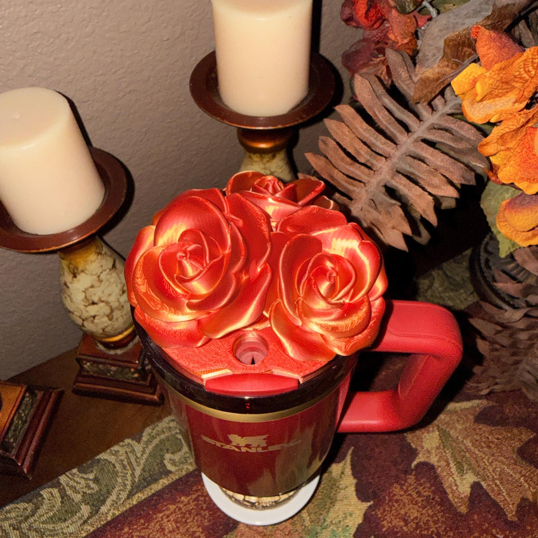 Red Gold Ombre Rose Tumbler Topper that fit the 20 30 oz and 40 oz Stanley tumbler lids