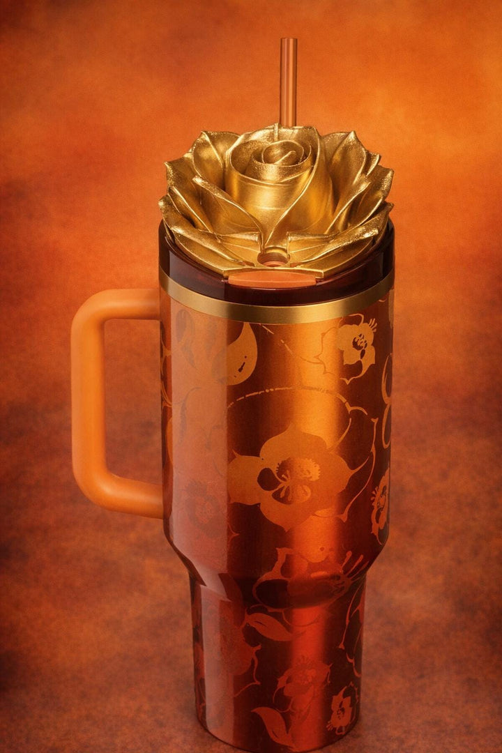 Red Gold Ombre Rose Tumbler Topper that fit the 20 30 oz and 40 oz Stanley tumbler lids