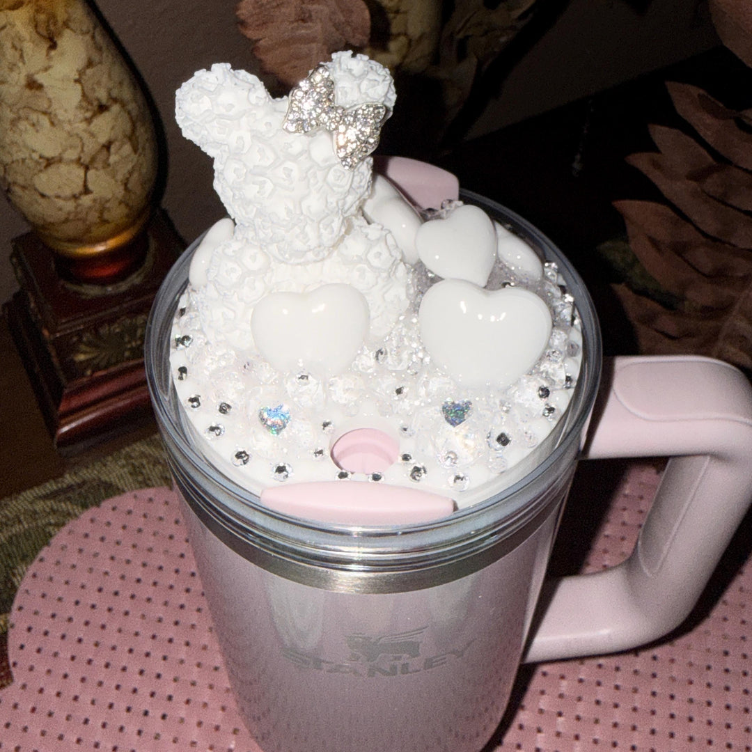 Rhinestone White Rose Bear and White Hearts Rhinestone Tumbler Topper fits Stanley Lid