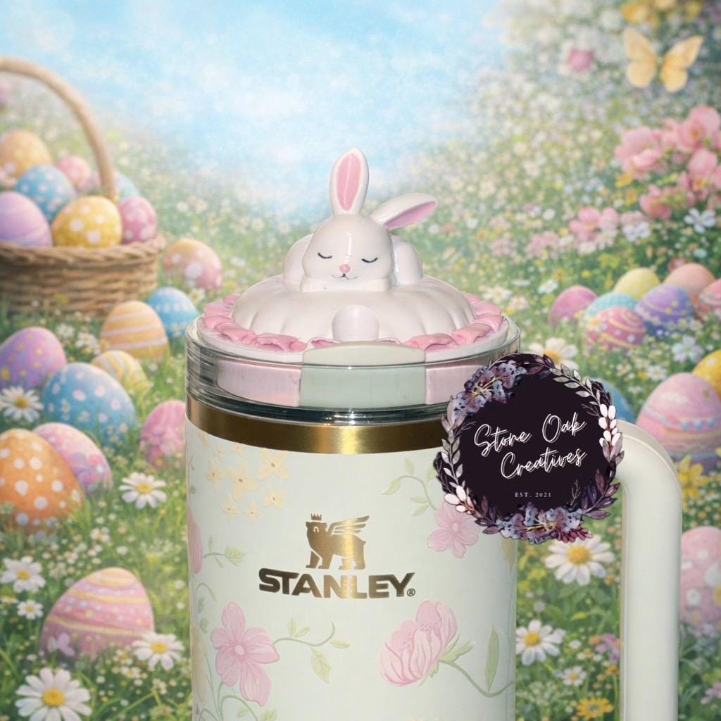 Bunny Sleeping Tumbler Topper, Easter Spring Blossoms, 3D Decorative Lid Attachment, unique gift