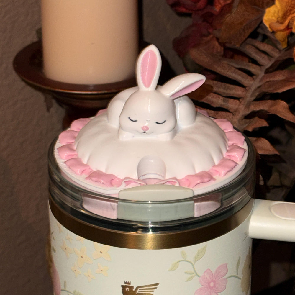 Bunny Sleeping Tumbler Topper, Easter Spring Blossoms, 3D Decorative Lid Attachment, unique gift