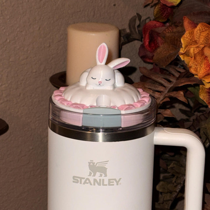 Bunny Sleeping Tumbler Topper, Easter Spring Blossoms, 3D Decorative Lid Attachment, unique gift