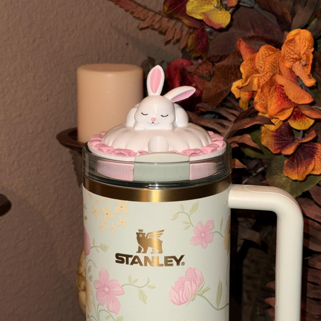 Bunny Sleeping Tumbler Topper, Easter Spring Blossoms, 3D Decorative Lid Attachment, unique gift