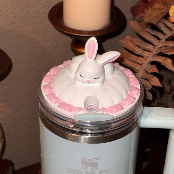 Bunny Sleeping Tumbler Topper, Easter Spring Blossoms, 3D Decorative Lid Attachment, unique gift
