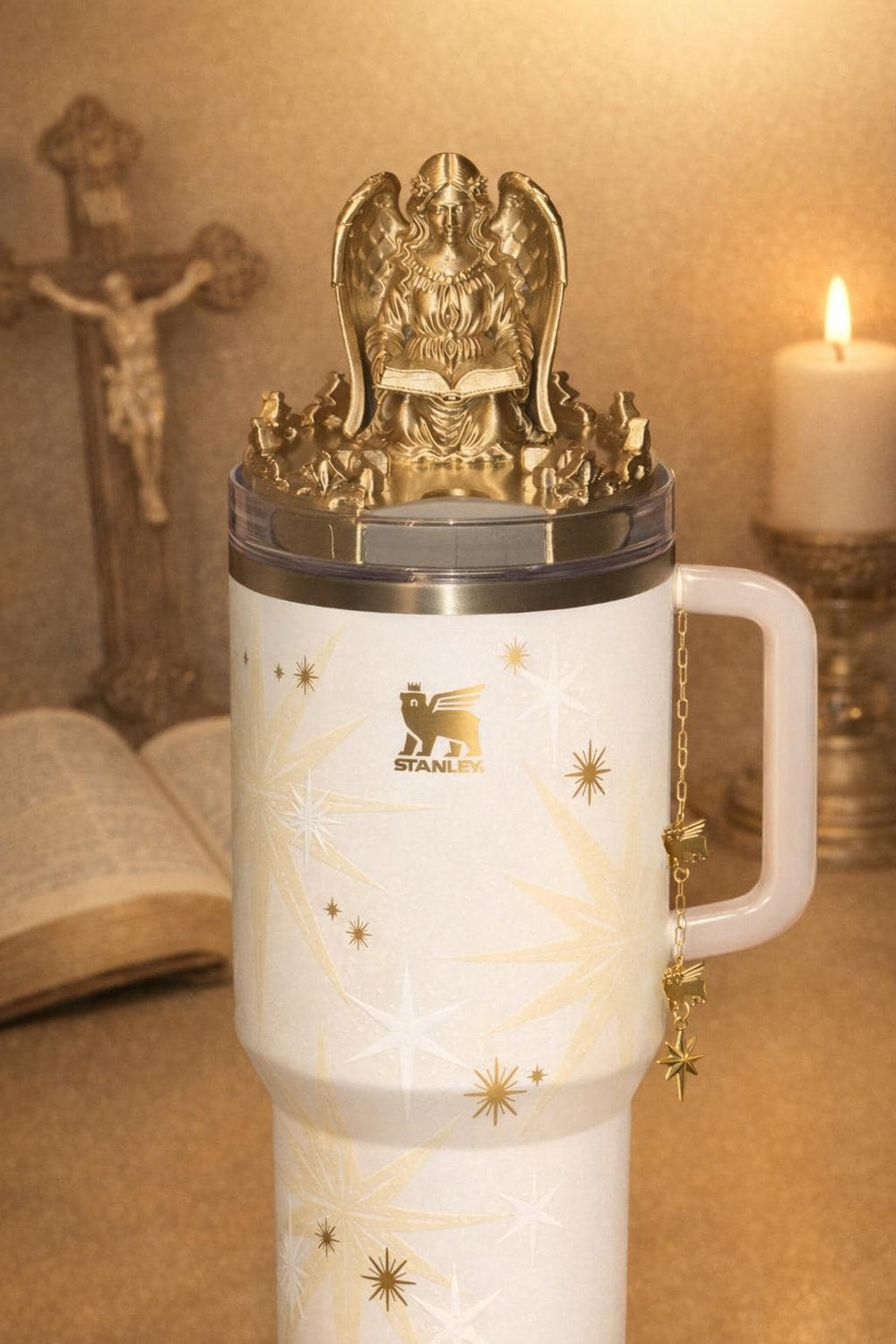 Gold Angel and Crosses Tumbler Topper for Starlight Shimmer Stanley – Religious or Easter Accessory, Unique Gift