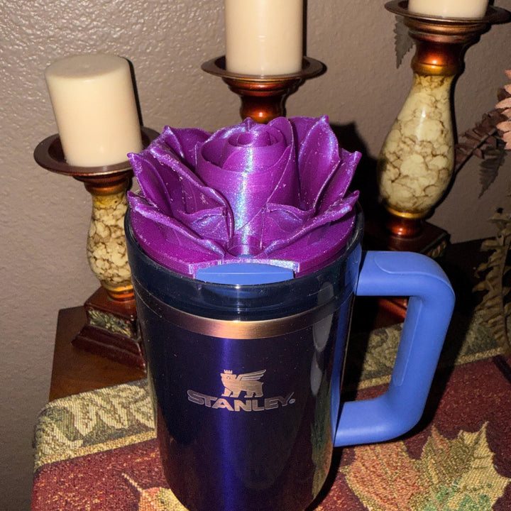 Purple Shimmer Rose Tumbler Topper that fit the Stanley 20 30 and 40 oz quencher tumbler lids, unique gift