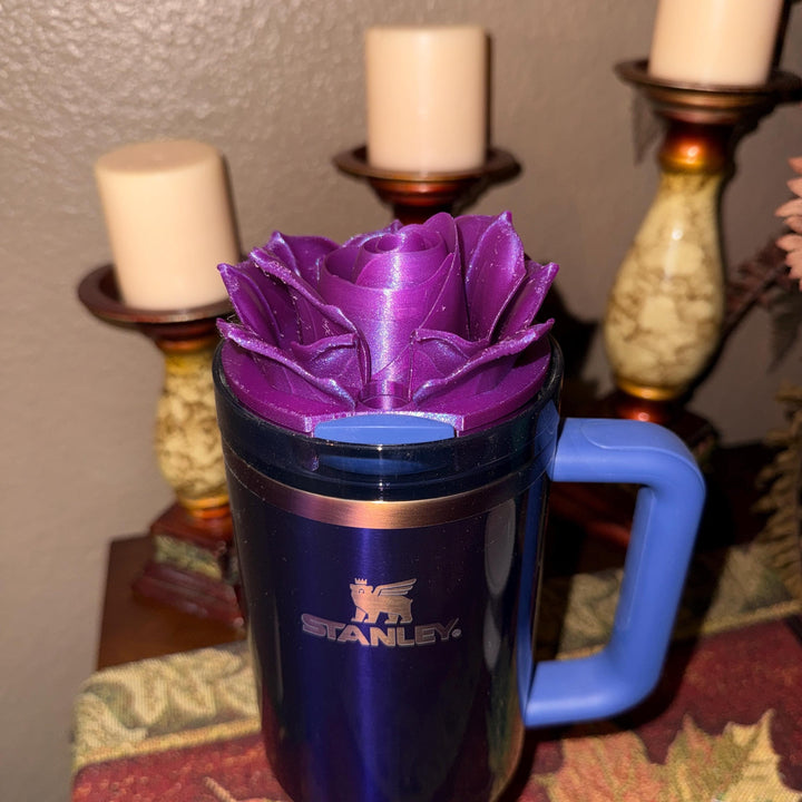 Purple Shimmer Rose Tumbler Topper that fit the Stanley 20 30 and 40 oz quencher tumbler lids, unique gift