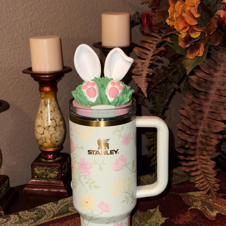 Bunny Rabbit Ears and Tail Tumbler Lid Topper, Easter Spring Blossoms, 3D Decorative Lid Attachment, unique gift