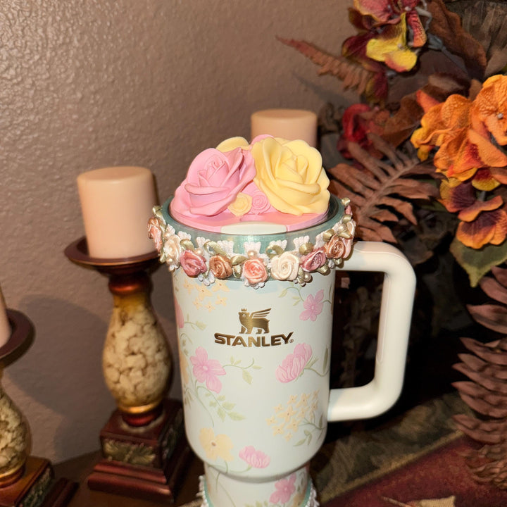 Green Spring Blossoms Tumbler Accessories, Floral Boot, halo, or lid toppers, For 20 30 or 40 oz Stanley Tumblers, Easter, Mothers Day Gift
