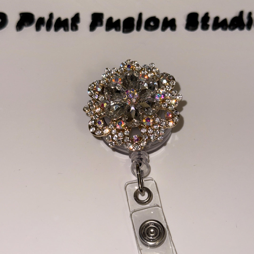 Rhinestone Embelished Princess Badge Reel – Sparkle Bling Floral ID Holder for Nurses, Teachers & Office Staff
