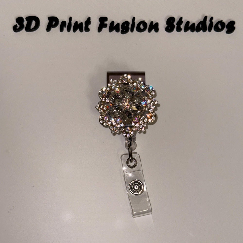 Rhinestone Embelished Princess Badge Reel – Sparkle Bling Floral ID Holder for Nurses, Teachers & Office Staff