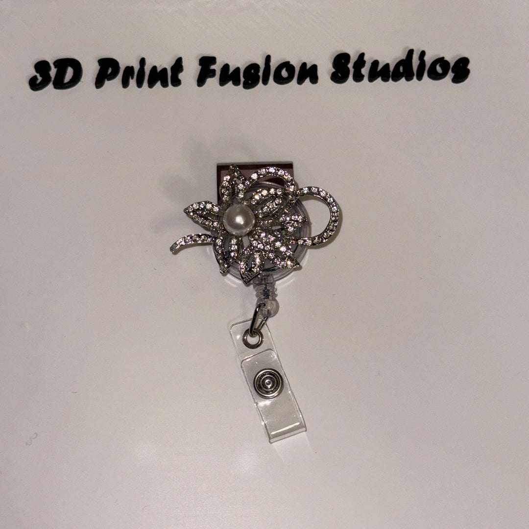 Rhinestone Embelished Princess Badge Reel – Sparkle Bling Floral ID Holder for Nurses, Teachers & Office Staff