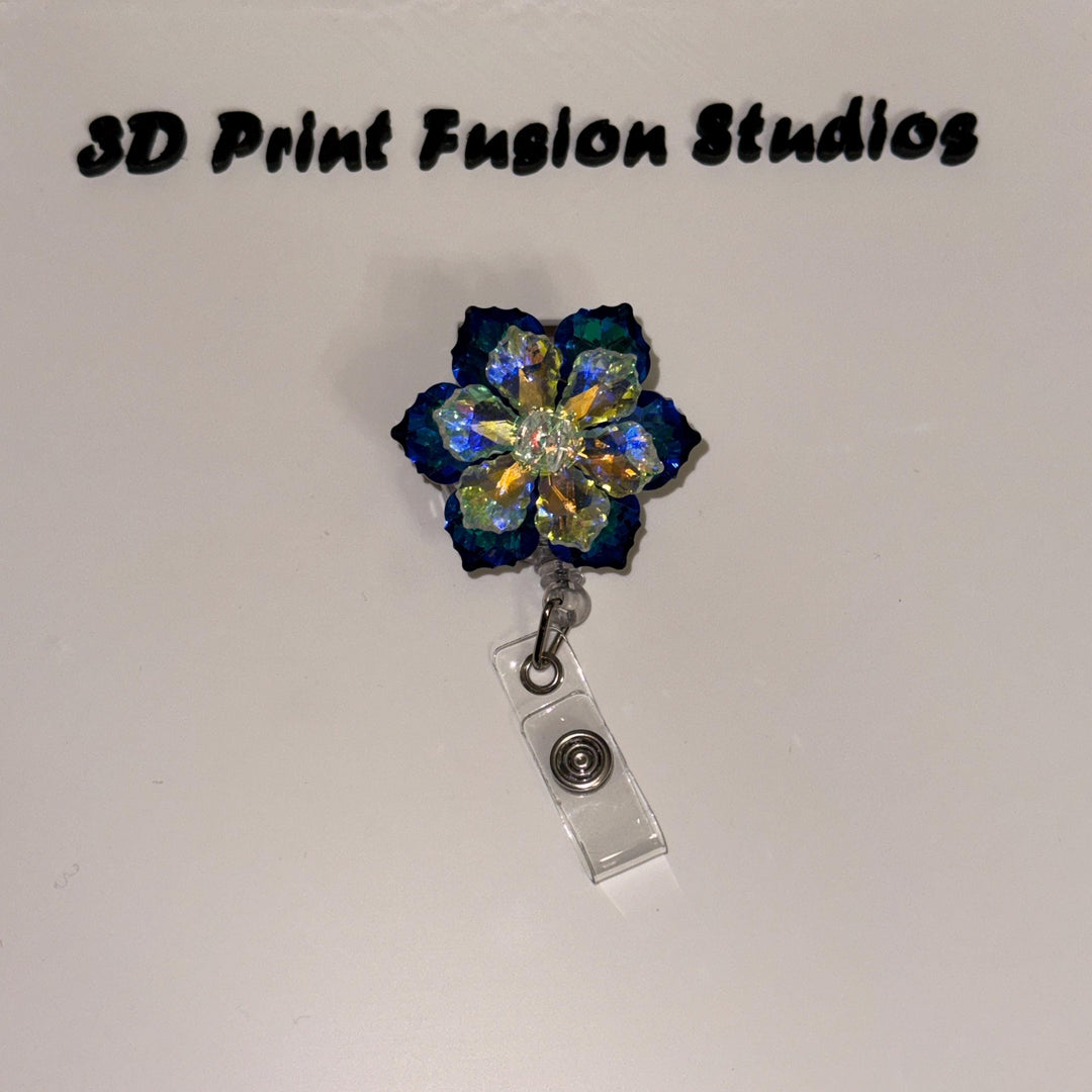 Blue Rhinestone Embelished Princess Badge Reel – Sparkle Bling Floral ID Holder for Nurses, Teachers & Office Staff