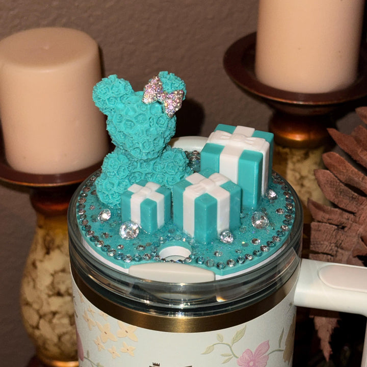 Fancy Teal White Rose Bear and Gift Boxes Rhinestone Tumbler Topper fits Stanley Lids