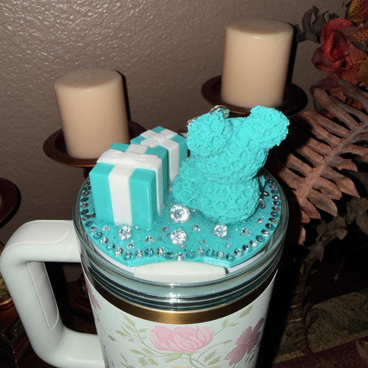 Fancy Teal White Rose Bear and Gift Boxes Rhinestone Tumbler Topper fits Stanley Lids