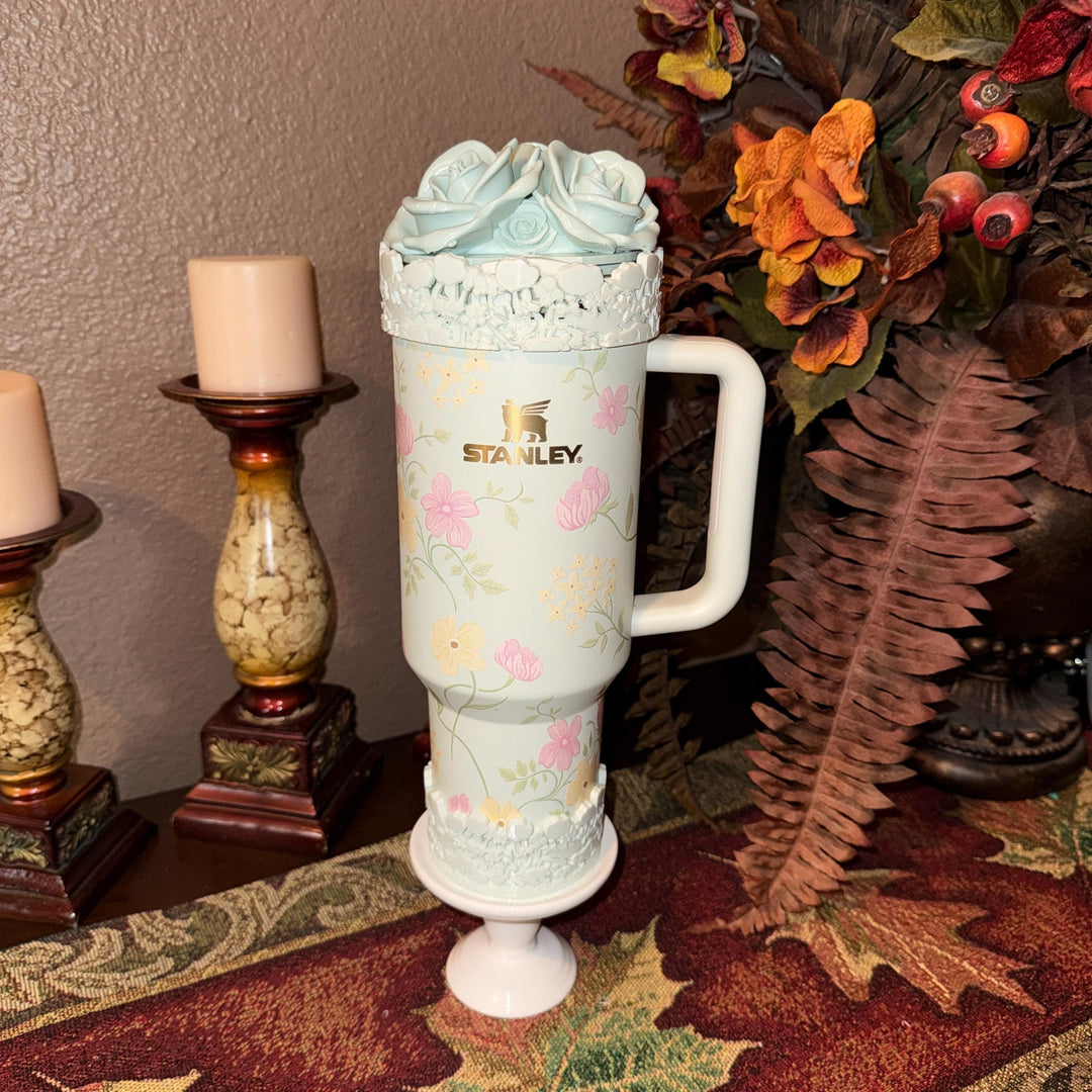 Light Sage Mint Spring Blossoms Tumbler Accessories, Lid Topper, Boot, halo, staw topper, For 20 30 or 40 oz Stanley Tumblers, Mothers Day