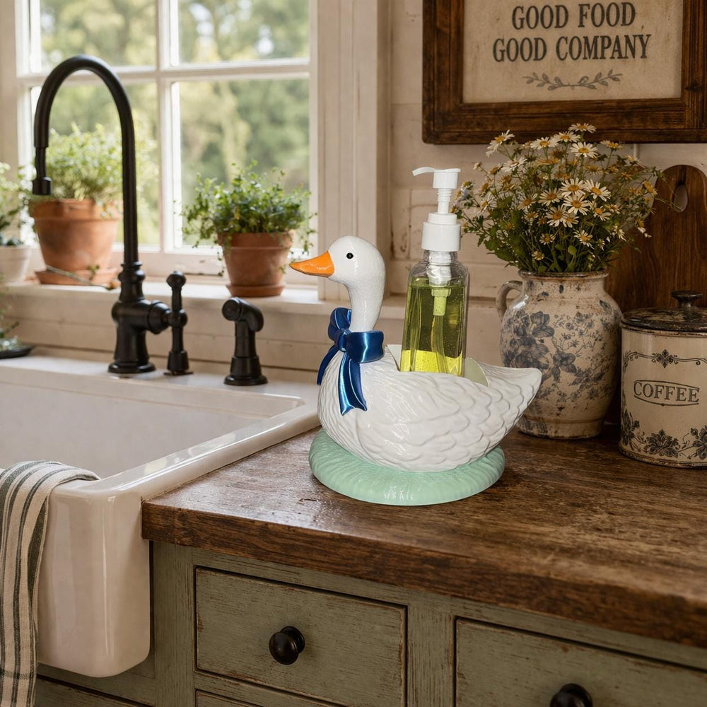 Goose Soap Holder Dispenser, Cute Kitchen Sink Decor, Farmhouse Goose Accessory, Soap Bottle Holder, Country Cottage Gift