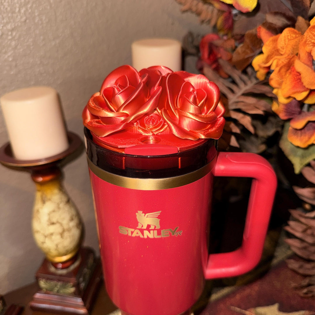 Red Gold Ombre Rose Tumbler Topper that fit the 20 30 oz and 40 oz Stanley tumbler lids