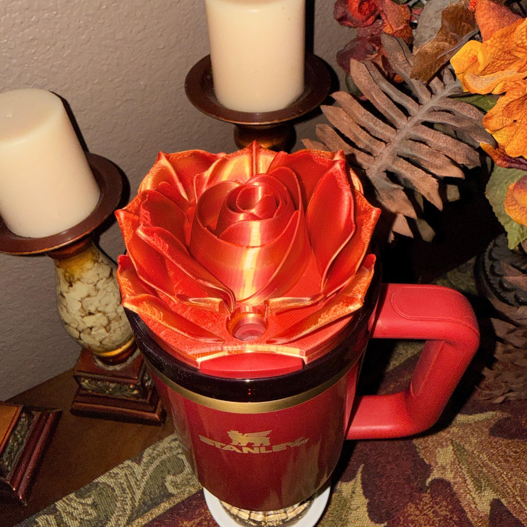 Red Gold Ombre Rose Tumbler Topper that fit the 20 30 oz and 40 oz Stanley tumbler lids
