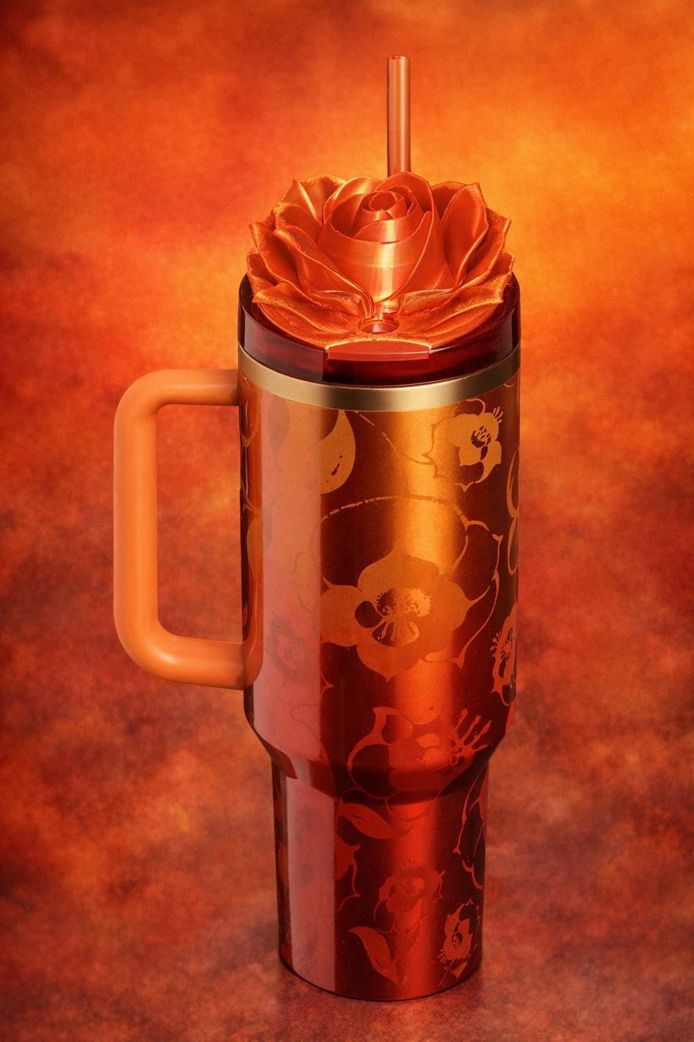 Red Gold Ombre Rose Tumbler Topper that fit the 20 30 oz and 40 oz Stanley tumbler lids