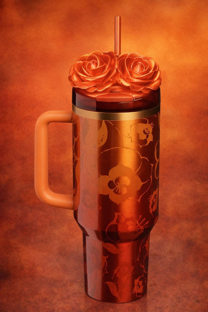 Red Gold Ombre Rose Tumbler Topper that fit the 20 30 oz and 40 oz Stanley tumbler lids