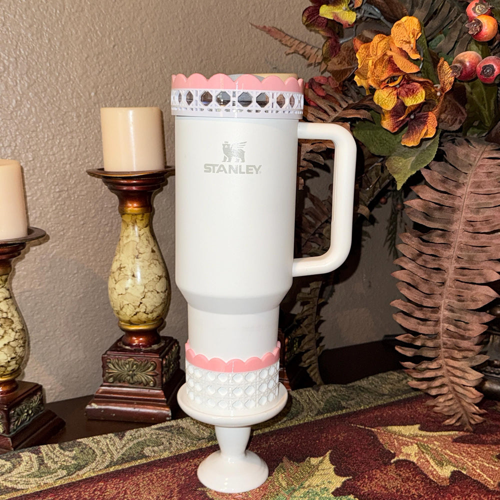 White Rattan Pink Scalloped Trim Tumbler Accessories, Lid Topper, Boot, halo, For 20 30 or 40 oz Stanley Tumblers, Mothers Day Gift