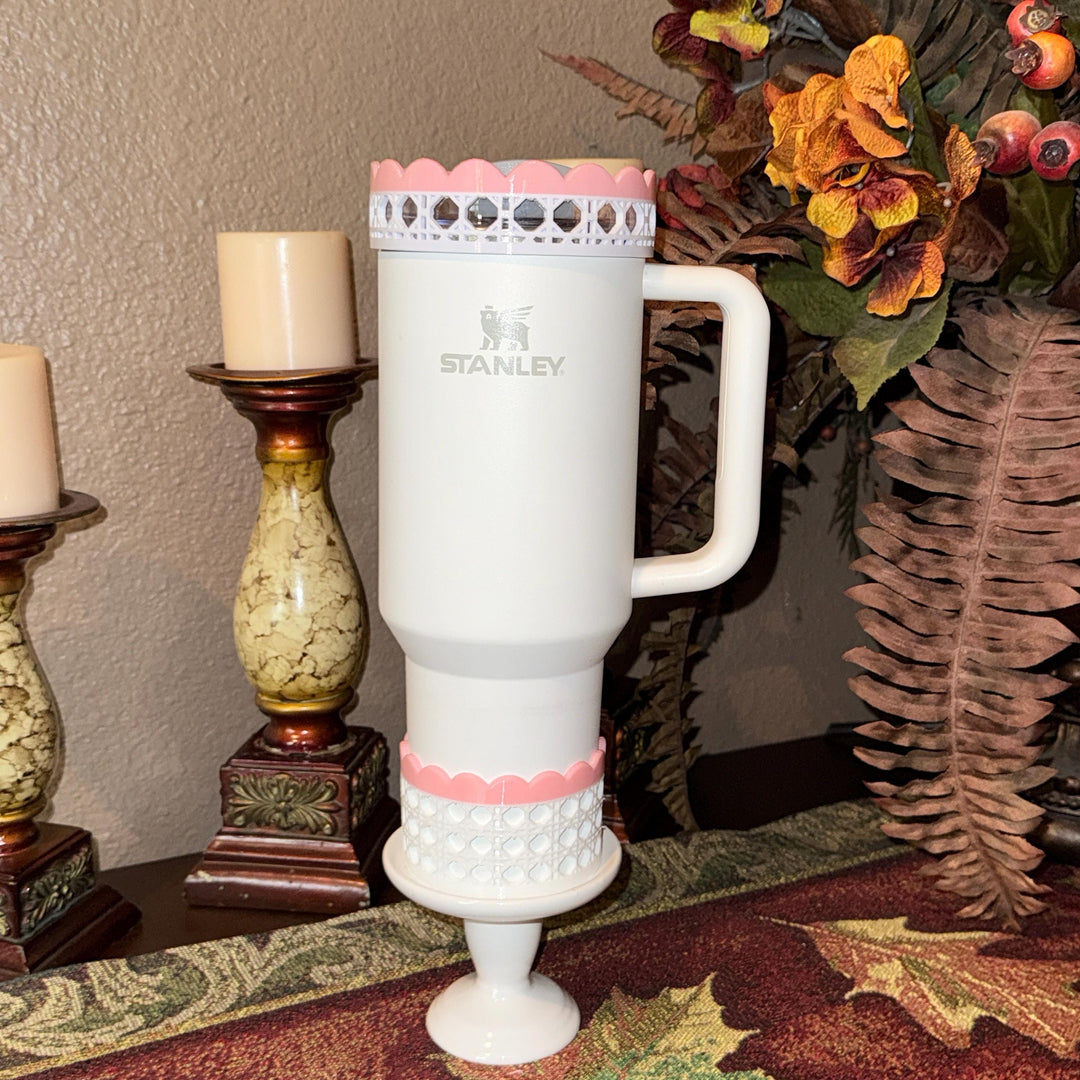 White Rattan Pink Scalloped Trim Tumbler Accessories, Lid Topper, Boot, halo, For 20 30 or 40 oz Stanley Tumblers, Mothers Day Gift