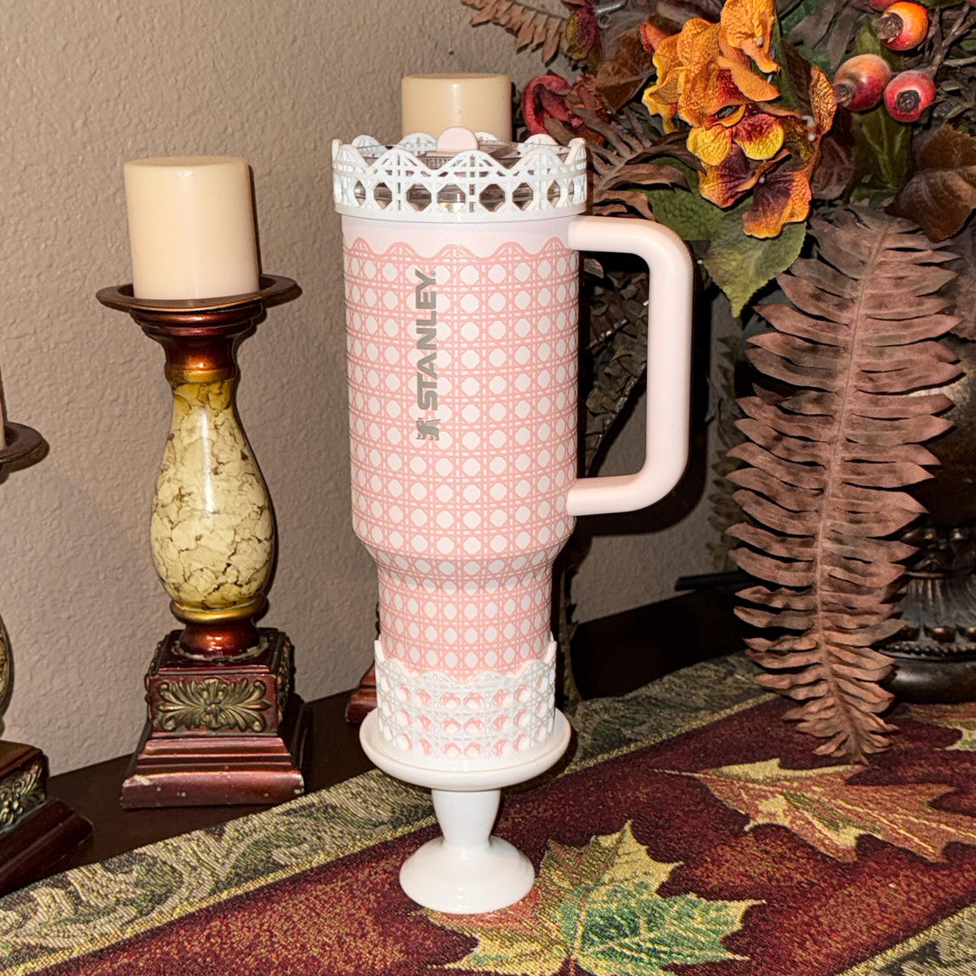 White Rattan Pink Gingham Scalloped Trim Tumbler Accessories, Lid Topper, Boot, halo, For Stanley amd HydroJug Tumblers, Mothers Day Gift