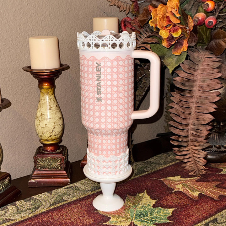 White Rattan Pink Gingham Scalloped Trim Tumbler Accessories, Lid Topper, Boot, halo, For Stanley amd HydroJug Tumblers, Mothers Day Gift