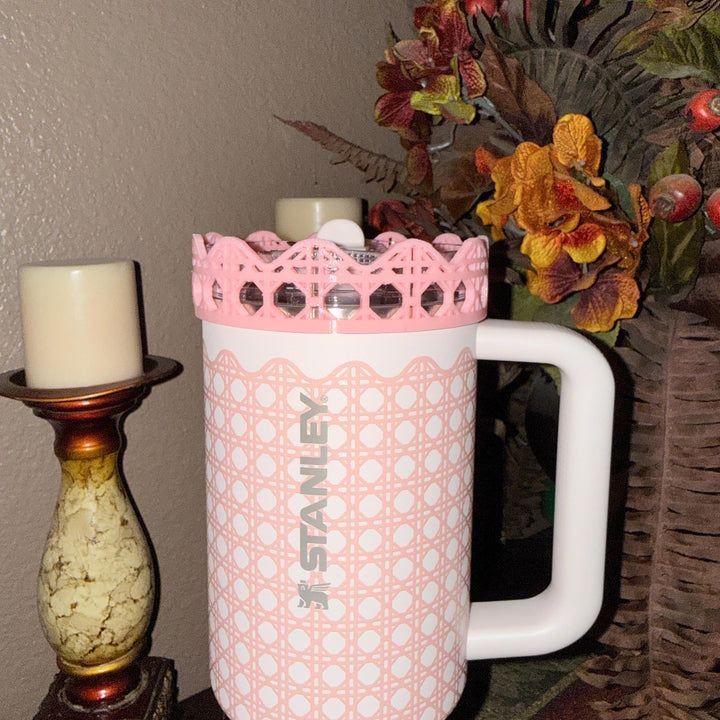 White Rattan Pink Gingham Scalloped Trim Tumbler Accessories, Lid Topper, Boot, halo, For Stanley amd HydroJug Tumblers, Mothers Day Gift