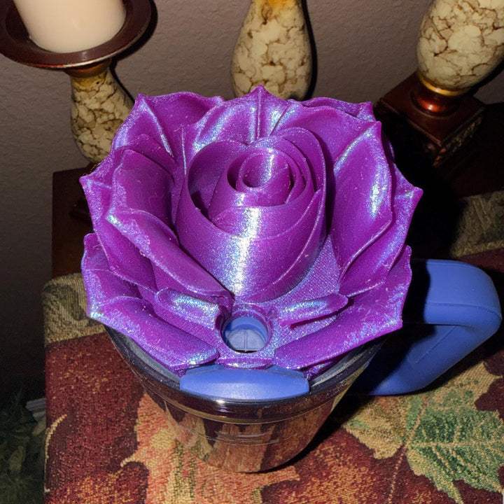 Purple Shimmer Rose Tumbler Topper that fit the Stanley 20 30 and 40 oz quencher tumbler lids, unique gift
