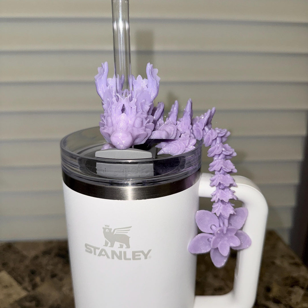 Lavender Lilac Silk Cherry Blossom Dragon staw topper, Fits your 8 or 10 mm straws, Spring Dragon Accessory, Unique Gift