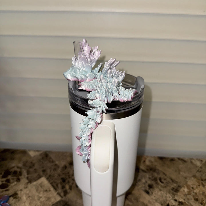 Pastel Pink Blue Silk Cherry Blossom Dragon staw topper, Fits your 8 or 10 mm straws, Spring Dragon Accessory, Unique Gift