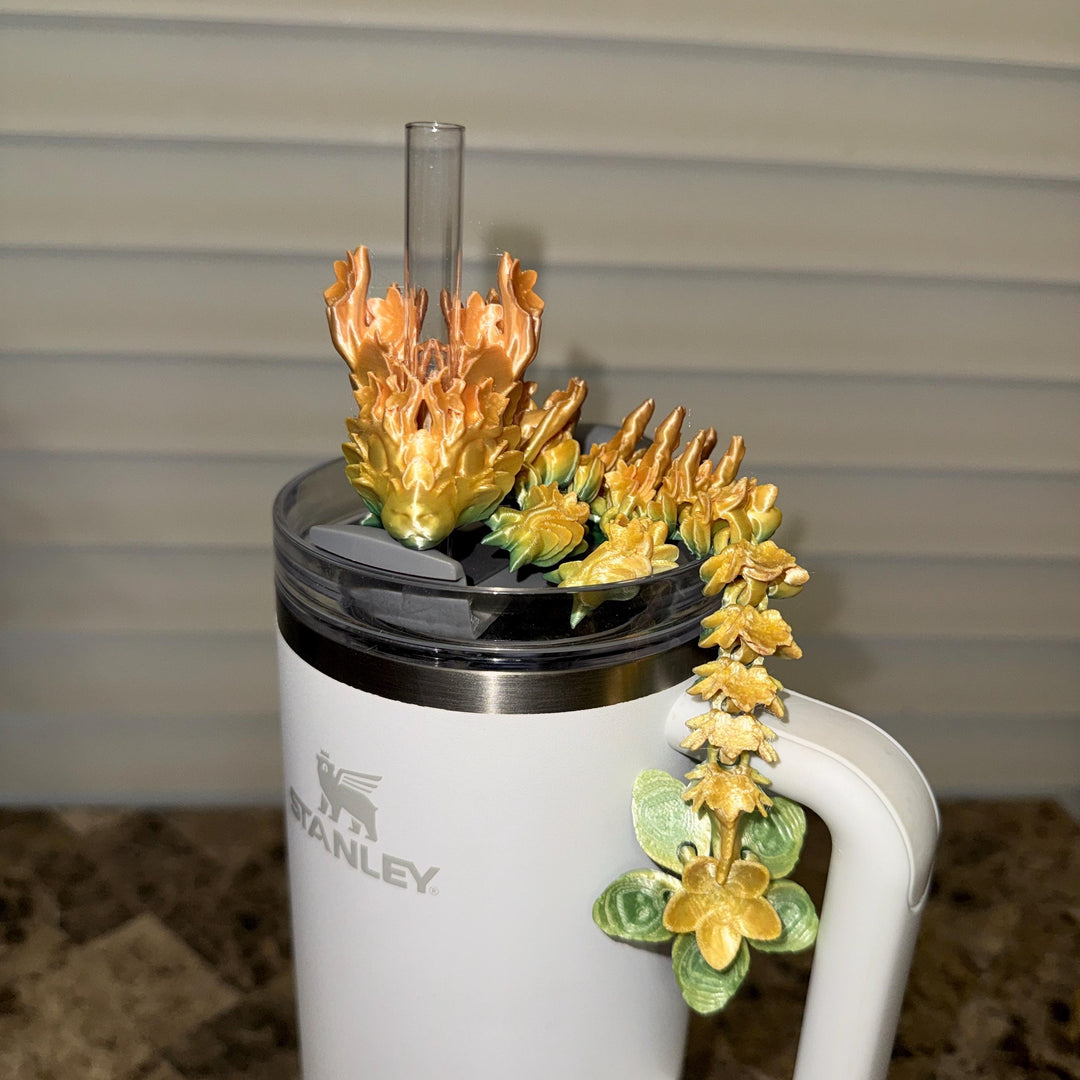 Yellow Orange Green Rainbow Silk Cherry Blossom Dragon staw topper, Fits your 8 or 10 mm straws, Spring Dragon Accessory, Unique Gift