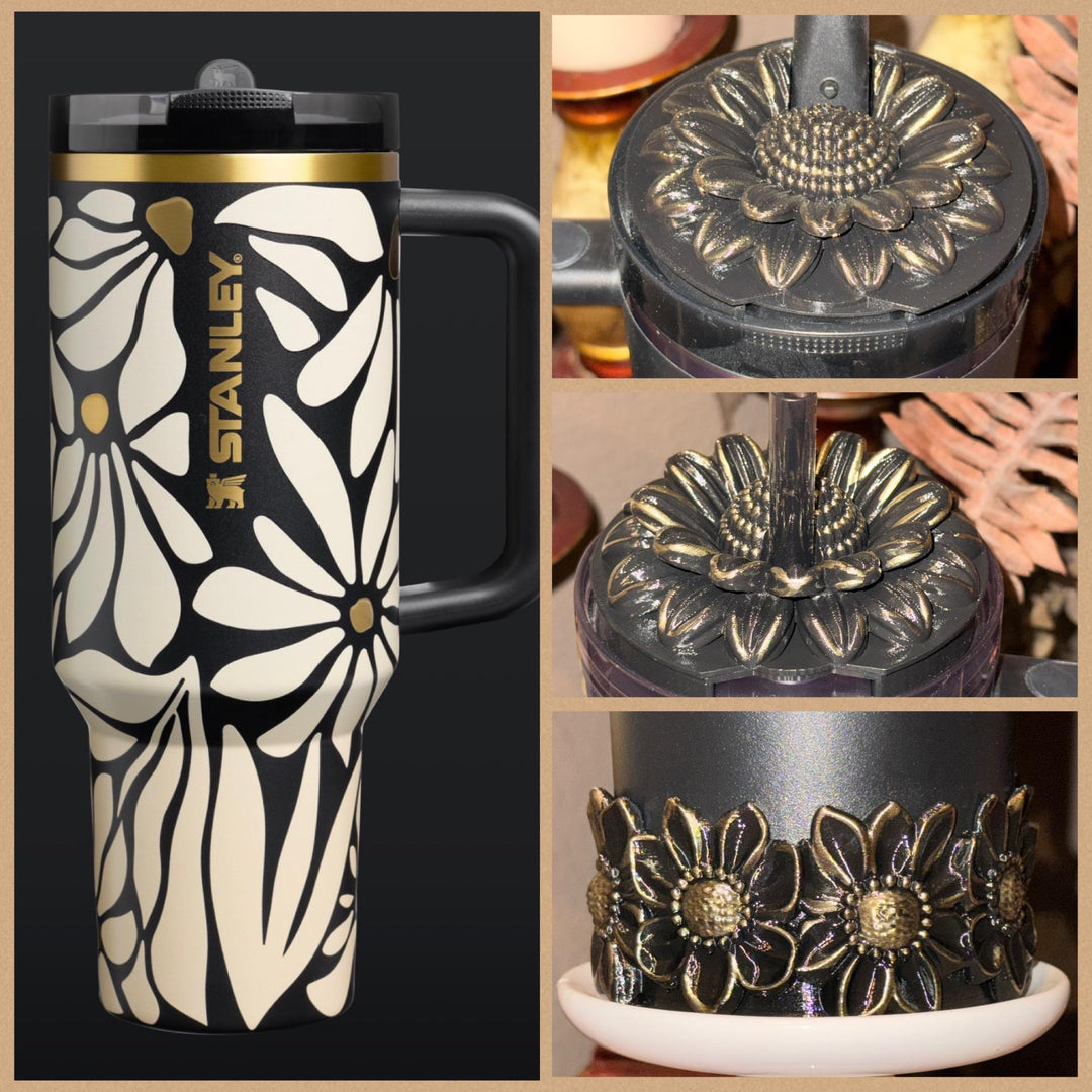 Wild Blooms Tumbler Boot or Pro Tour Lid Topper, Black Gold Flower Cup Sleeve, Stanley Accessories, Unique Gift