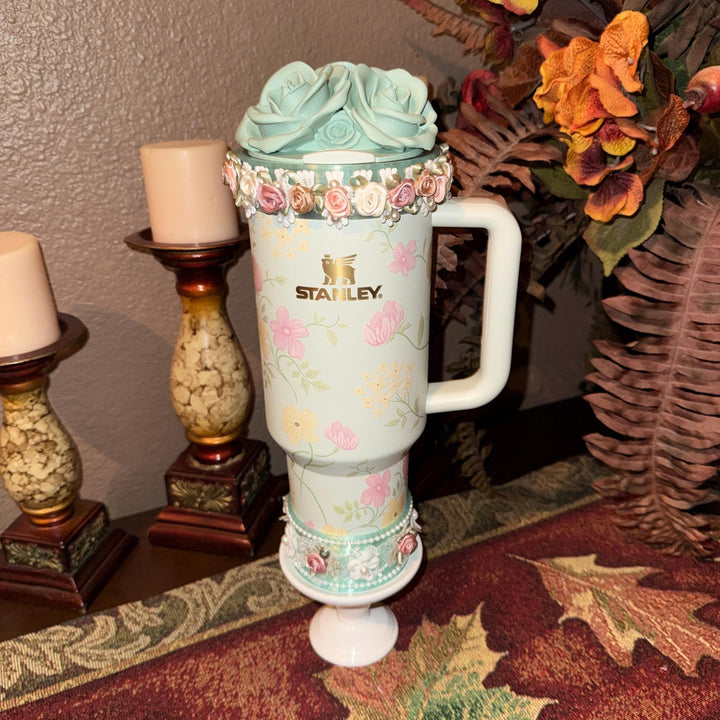 Green Spring Blossoms Tumbler Accessories, Floral Boot, halo, or lid toppers, For 20 30 or 40 oz Stanley Tumblers, Easter, Mothers Day Gift