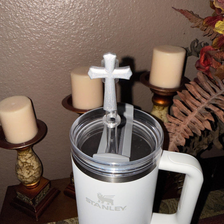 Cross Straw Topper, Gold or Silver, fits Stanley Tumbler straws 10 mm diameter, Unique Gift