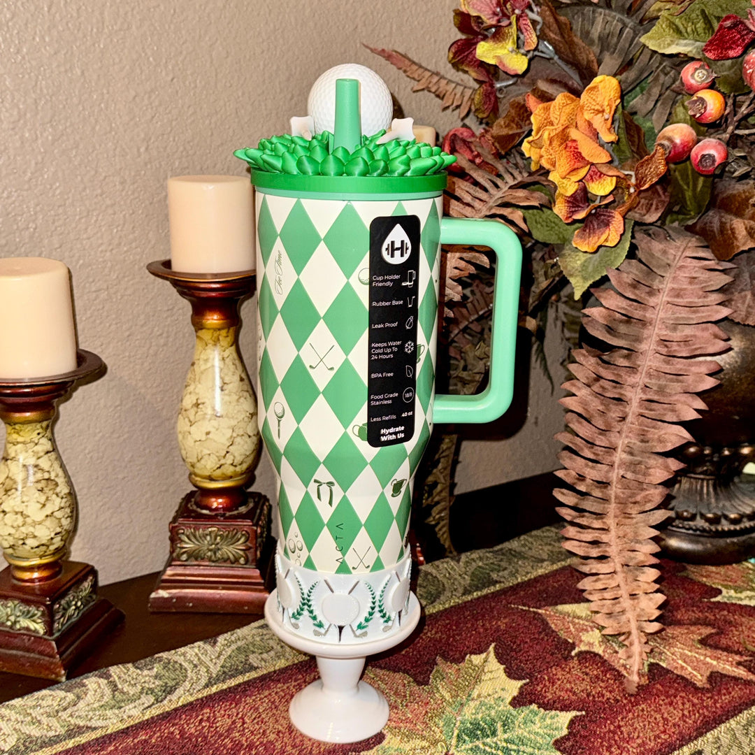 Golf Themed Tumbler Accessories Collection with a tumbler topper and boots for 30 or 40 oz HydroJug Tumblers