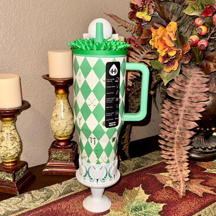 Golf Themed Tumbler Accessories Collection with a tumbler topper and boots for 30 or 40 oz HydroJug Tumblers