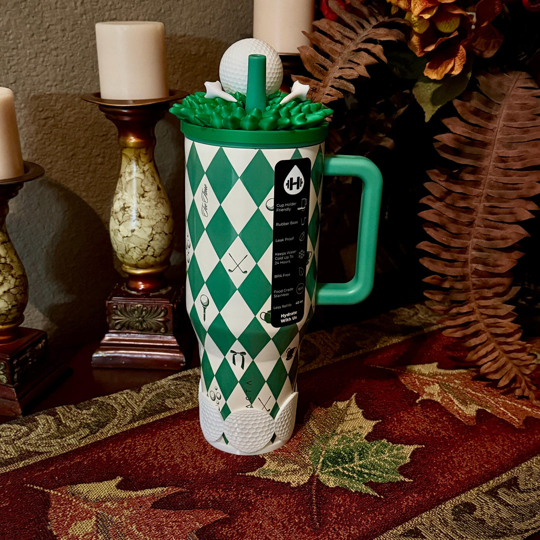 Golf Themed Tumbler Accessories Collection with a tumbler topper and boots for 30 or 40 oz HydroJug Tumblers