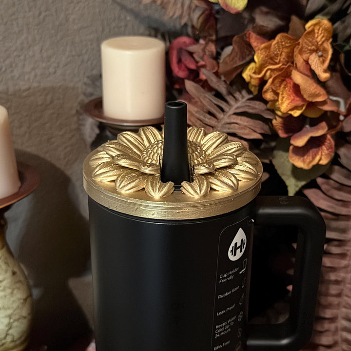 Gold Blooms Tumbler Boot or Lid Topper, Black Gold Flower Cup Sleeve, Hydrojug Accessories, Unique Gift