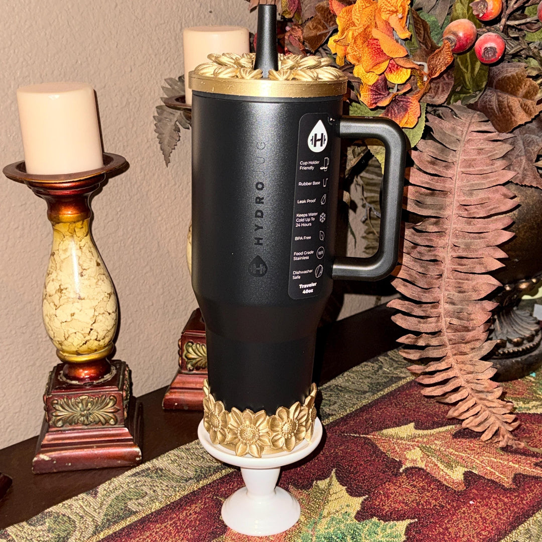 Gold Blooms Tumbler Boot or Lid Topper, Black Gold Flower Cup Sleeve, Hydrojug Accessories, Unique Gift