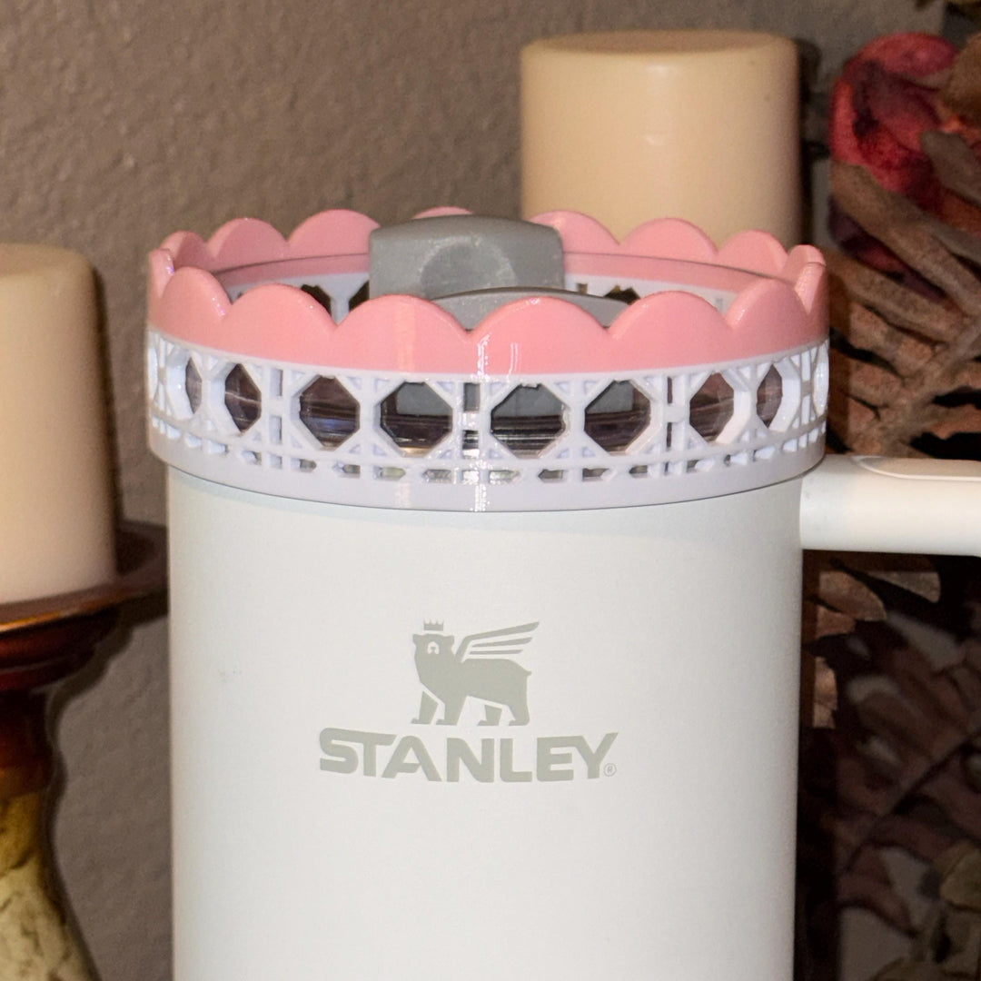 White Rattan Pink Scalloped Trim Tumbler Accessories, Lid Topper, Boot, halo, For 20 30 or 40 oz Stanley Tumblers, Mothers Day Gift