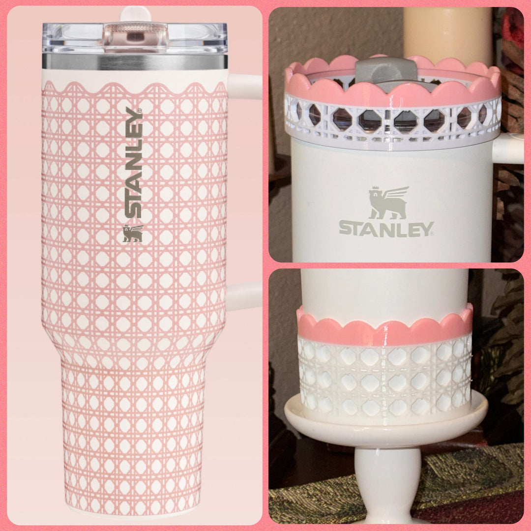 White Rattan Pink Scalloped Trim Tumbler Accessories, Lid Topper, Boot, halo, For 20 30 or 40 oz Stanley Tumblers, Mothers Day Gift