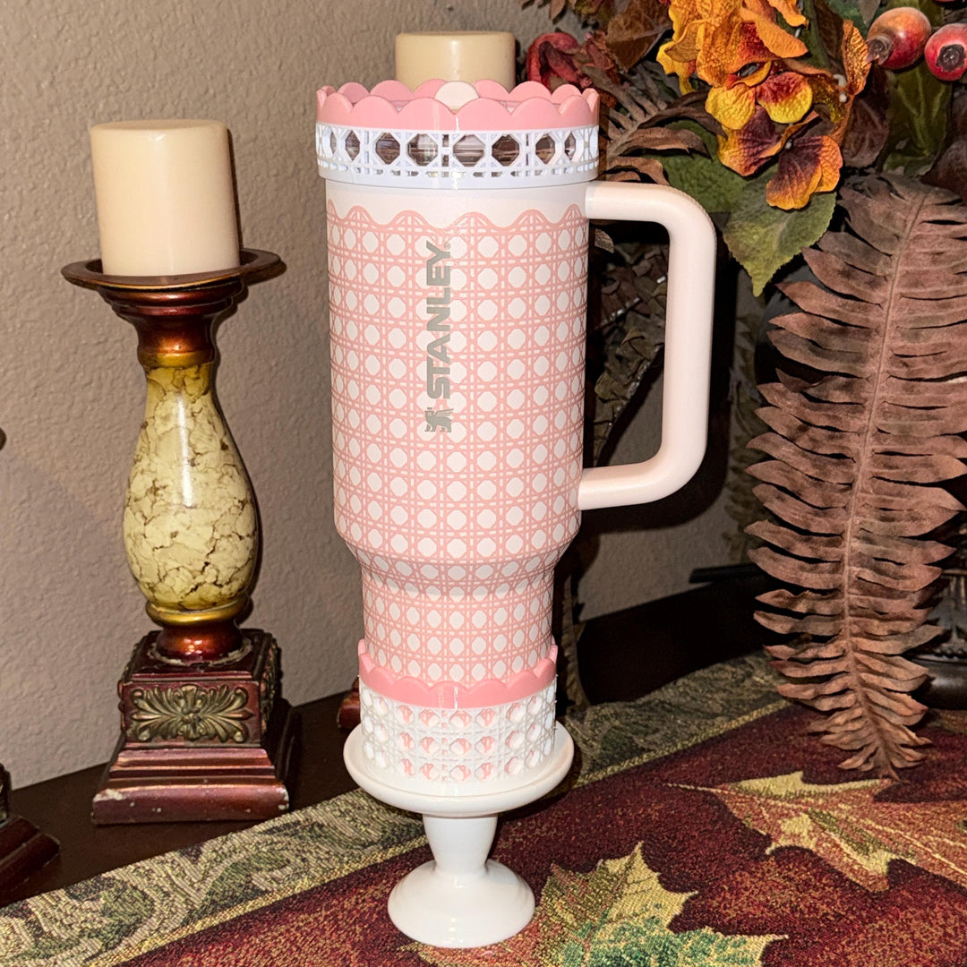 White Rattan Pink Gingham Scalloped Trim Tumbler Accessories, Lid Topper, Boot, halo, For Stanley amd HydroJug Tumblers, Mothers Day Gift